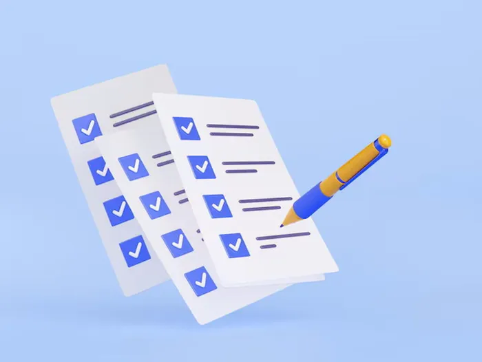 3d-darstellung-eines-stifts-der-blaue-haekchen-auf-papier-setzt_107791-15675
